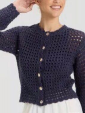 A New Day NWT Navy Blue Crochet Open Knit Cardigan Small Gold Buttons